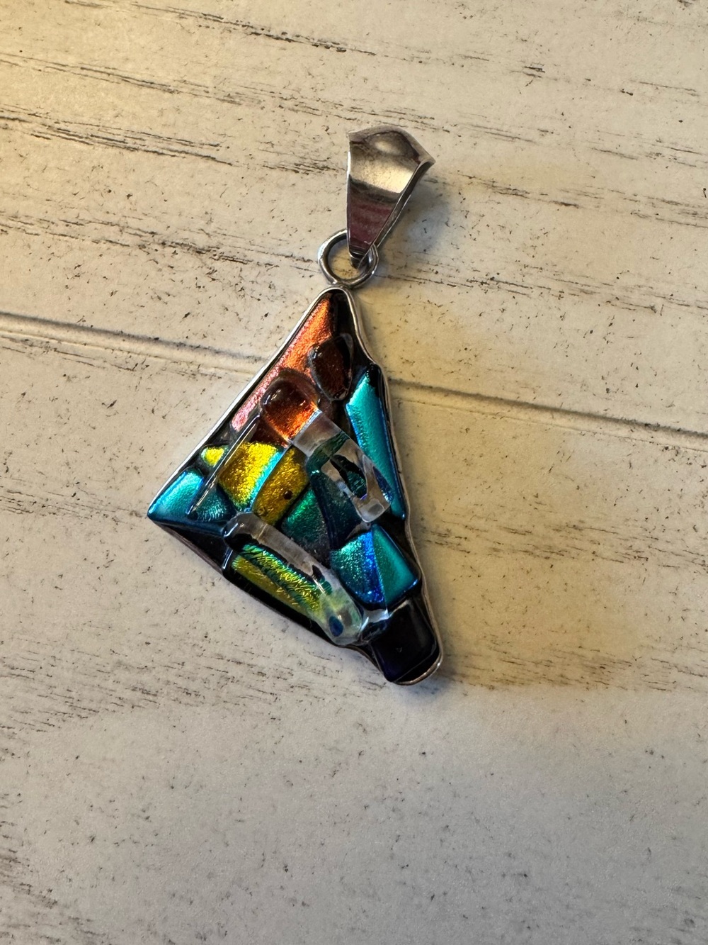 Silver Handmade Multicolor Dichroic Glass Triangle Pendant purchased in Mexico.
